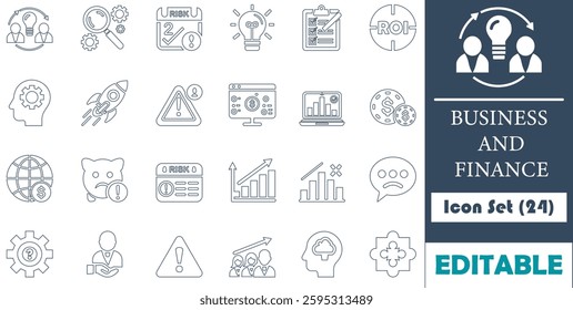 This Business and Finance Icon Set includes 24 modern vector icons, perfect for reports, presentations, websites, and apps. Fully editable and scalable for digital or print use.