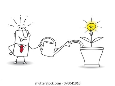 this businessman waters the tree and an idea bulb. It's a metaphor of somebody who want find a brilliant idea