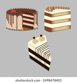 This cake vector illustration showcases three distinct types of cakes, each with its own unique design and flavor. 