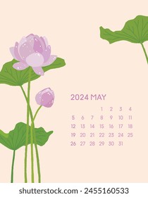 This is a calendar design for May 2024 with a hand-drawn illustration background of a pink lotus flower.