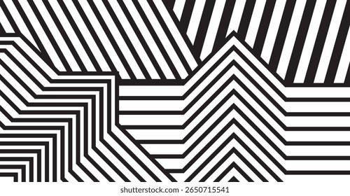 This captivating abstract design features a striking contrast of black and white parallel lines arranged in various geometric shapes to create a bold and modern visual effect