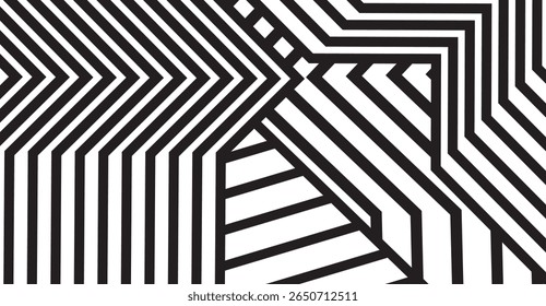 Esta imagem abstrata cativante mostra um contraste preto e branco, apresentando padrões geométricos arrojados, composições lineares dinâmicas e um design de ilusão óptica intrigante.