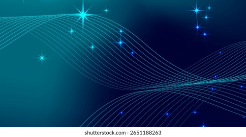 Este fundo cativante apresenta redemoinhos linhas de azul-petróleo e estrelas cintilantes contra um gradiente de tons azul-escuros, criando uma atmosfera de elegância cósmica e mística digital