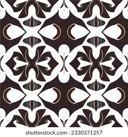 This captivating black and white pattern with hints of green accents features an intriguing blend of art deco and art nouveau influences, resembling a dark and mysterious floral motif.