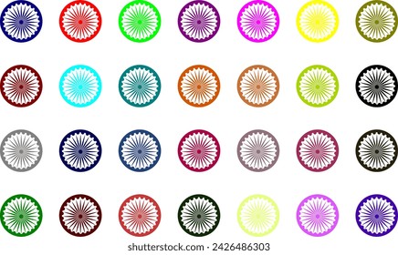 This captivating collection features 28 distinct Ashoka Chakras, each adorned with vibrant colors and presented against a transparent background.