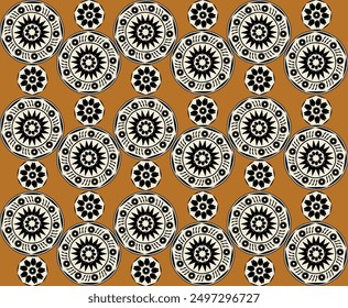  This captivating design features a series of intricately detailed black and white mandalas arranged neatly across a warm, earthy background. Ideal for adding a touch of artistic flair to fabrics