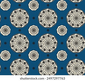  This captivating design features a series of intricately detailed black and white mandalas arranged neatly across a warm, earthy background. Ideal for adding a touch of artistic flair to fabrics