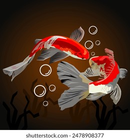 This captivating design features two beautiful koi fish swimming harmoniously against a dark, rich background.