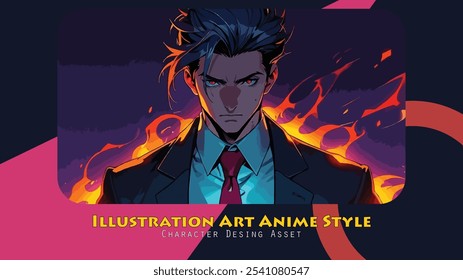 This captivating digital illustration showcases a male character with a powerful, emotive expression set against a backdrop of dramatic, swirling flames. wearing with a suit and tie.