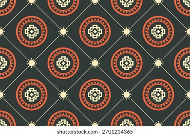 Este cativante padrão geométrico apresenta elementos circulares em tons quentes contra um fundo escuro, ideal para projetos de design modernos. Perfeito para têxteis e papéis de parede.