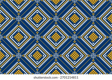 Este padrão geométrico cativante apresenta tons vibrantes de azul e ouro com motivos de diamante e folha. Perfeito para têxteis, papéis de parede, ou qualquer projeto decorativo, este design traz elegância
