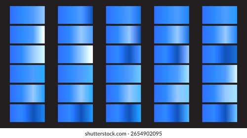 Diese faszinierende Grafik zeigt eine Reihe von strahlend blauen Farbverlauf-Rechtecken auf dunklem Hintergrund, die ein lebendiges Spektrum von Farbtönen und subtilen metallischen Effekten zeigen, die einen modernen Look erzeugen