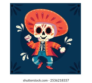 Esta cativante ilustração desenhada à mão apresenta um vibrante esqueleto mexicano alegremente dançando enquanto adornado com um sombrero tradicional, incorporando o espírito do Dia dos Mortos