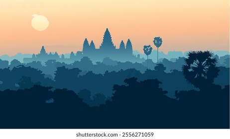 This captivating illustration of Angkor Wat, Cambodia’s iconic temple, captures its majestic silhouette against the soft glow of an early morning sky. 