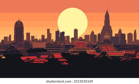 Diese fesselnde Illustration von Bangkok bei Sonnenuntergang zeigt eine atemberaubende Verschmelzung der historischen Tempel und modernen Wolkenkratzer der Stadt