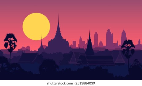 Diese fesselnde Illustration von Bangkok bei Sonnenuntergang zeigt eine atemberaubende Verschmelzung der historischen Tempel und modernen Wolkenkratzer der Stadt