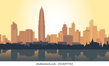 Diese fesselnde Illustration von Bangkok bei Sonnenuntergang zeigt eine atemberaubende Verschmelzung der historischen Tempel und modernen Wolkenkratzer der Stadt