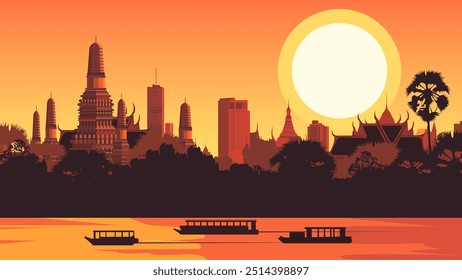 Diese fesselnde Illustration von Bangkok bei Sonnenuntergang zeigt eine atemberaubende Verschmelzung der historischen Tempel und modernen Wolkenkratzer der Stadt