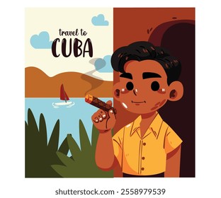 This captivating illustration features a cartoon boy smoking a cigar, set against the vibrant backdrop of Cuba’s rich culture