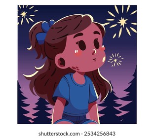 This captivating illustration features a girl with dark hair dressed in a blue shirt, gazing upwards in awe at a vibrant display of fireworks