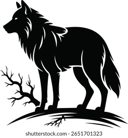 Esta ilustração cativante apresenta uma silhueta de um lobo em pé orgulhosamente no topo de uma colina, acompanhado por um ramo estilizado.