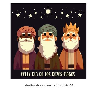 This captivating illustration features the three wise men, known as Reyes Magos, elegantly depicted against a rich background that enhances their regal presence