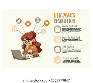 This captivating illustration features a young woman seated on the floor, engaged with her laptop as she contemplates her New Year’s resolutions