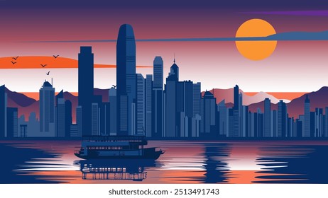 This captivating illustration of Hong Kong at sunset portrays a serene scene where the city's towering skyscrapers are bathed in warm hues of orange and purple