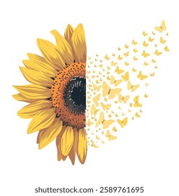 This captivating illustration showcases a vibrant sunflower with golden yellow petals and a deep brown center, set against a dark background for a striking contrast. 