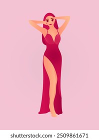 This captivating illustration showcases a woman exuding confidence and elegance. Her flowing red dress, with its daring thigh-high slit, creates a visually striking composition.