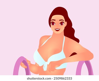 This captivating illustration showcases a woman radiating confidence and joy. Her infectious smile and playful pose create a positive and uplifting atmosphere the vibrant colors of her bikini.