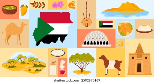 This captivating image showcases cultural symbols of Sudan, including traditional foods, unique wildlife, and important landmarks, all beautifully illustrated in a vibrant vector style