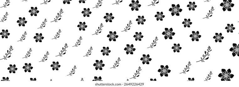 This captivating image showcases a minimalist monochrome pattern with elegant black floral motifs and delicate sprigs evenly distributed across a clean white backdrop