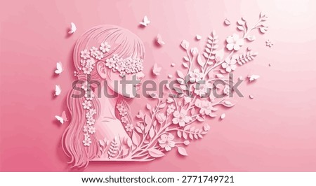 This captivating image showcases a pink papercraft-style illustration of a woman with a floral crown and butterflies.