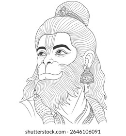 Esta cativante ilustração de arte apresenta um sereno e poderoso retrato de Lord Hanuman, a venerada divindade hindu conhecida por sua imensa força