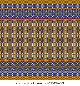 This captivating pattern showcases a vibrant and intricate design reminiscent of traditional embroidery or weaving techniques. The repeating geometric motif, featuring a diamond shape,