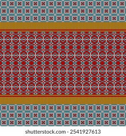 Este patrón cautivador muestra un diseño vibrante e intrincado que recuerda a las técnicas tradicionales de bordado o tejido. El motivo geométrico repetitivo, con una forma hexagonal,