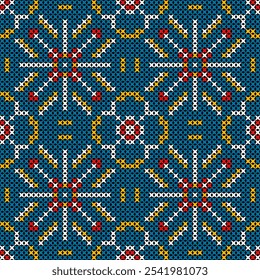 This captivating pattern showcases a vibrant and intricate design reminiscent of traditional embroidery or weaving techniques. The repeating geometric motif, featuring a floral shape,