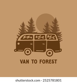 This captivating scene features a vintage van journeying toward a tranquil forest setting, framed by tall trees and a glowing sunset, evoking a sense of freedom and exploration.