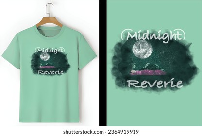 This captivating T-shirt design features a soothing light green backdrop that perfectly complements the enchanting essence of the design. "Midnight Reverie" is elegantly written in a graceful font.