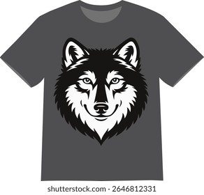 This captivating t-shirt design features a detailed illustration of a wolf’s head, showcasing its fierce expression and striking features. 