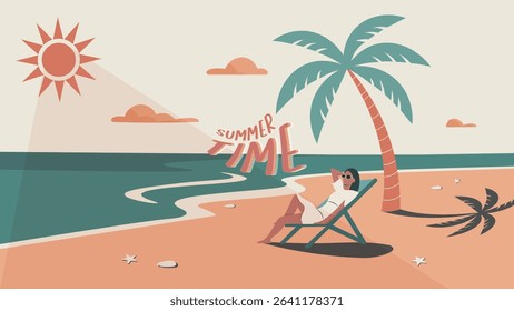 This captivating vector illustration perfectly embodies the essence of leisure and warmth, featuring a woman gracefully relaxing on a beach chair under a palm tree.