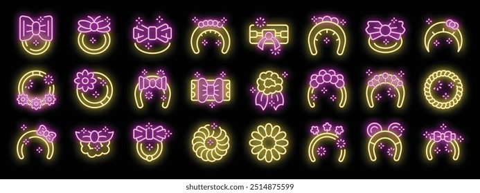 Esta cautivadora Ilustración vectorial presenta una vibrante colección de iconos de diadema de neón. Con arcos brillantes. Flores delicadas. Y decoraciones brillantes. Colocado sobre un llamativo fondo negro