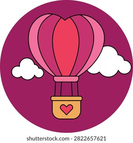 This captivating vector illustration presents a whimsical heart shaped hot air balloon, rendered in beautiful shades of pink and red, gracefully ascending into a stylized sky. The balloons basket, colored in a warm yellow hue, features a small heart emblem, emphasizing its romantic theme. Fluffy white clouds drift gently on either side, adding to the serene and dreamy atmosphere. The entire scene is encapsulated within a bold magenta circular frame, creating a striking visual focus against a dark background. The clean lines and vibrant color palette give this artwork a cheerful and inviting appeal, suggesting a journey filled with affection and lightheartedness. It evokes feelings of soaring spirits, romantic escapades, and optimistic aspirations.

This versatile graphic is ideal for a wide range of commercial applications, particularly those related to love, relationships, travel, and special occasions. It can enhance greeting cards, invitations, social media posts, website banners, and promotional materials for events like anniversaries, engagements, or Valentines Day. Its playful yet elegant design makes it suitable for childrens books, educational content, or branding for businesses focused on romance, gifts, or travel experiences. The clear, iconic imagery ensures strong visual communication, making it an excellent choice for conveying messages of affection, adventure, and heartfelt connections in advertising campaigns and editorial features.