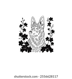 
This captivating vector illustration showcases a German Shepherd surrounded by cherry blossom flowers, created in a minimalist style influenced by Shilluti art. 