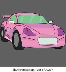 This car is a cartoon-style pink sports car with a bold and eye-catching design. It features a wide front grille and a stylish bumper. The headlights are shaded in purple, adding a unique flair.