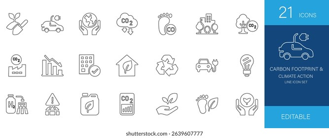 This carbon footprint and climate action icon set features carbon, footprint, net, emission, energy, renewable, sustainable, eco, electric, earth, and climate keywords for trending designs.