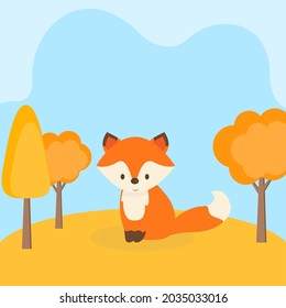  This is a card with a cute fox. Vector autumn illustration.