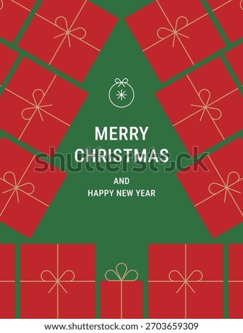This card features a central Christmas tree made from red gift boxes. It includes the words "Merry Christmas and Happy New Year." It's ideal for minimalist holiday greetings.