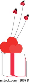 This is a card for lovers. Ladybugs float in the air with a white box filled with hearts.